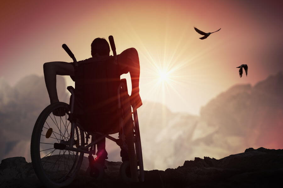 Silhouetted man wheeling a wheelchair across terrain facing birds flying into the sun